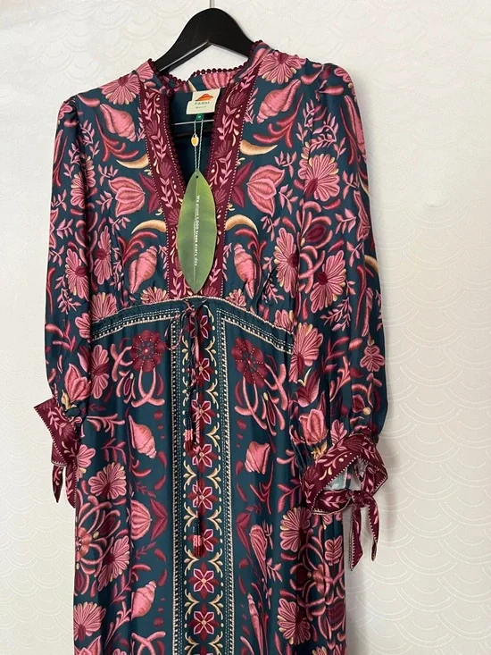 NWT Farm Rio Medium Seashell Floral Teal Boho Flowy Tapestry Maxi Light Dress - Picture 3 of 15